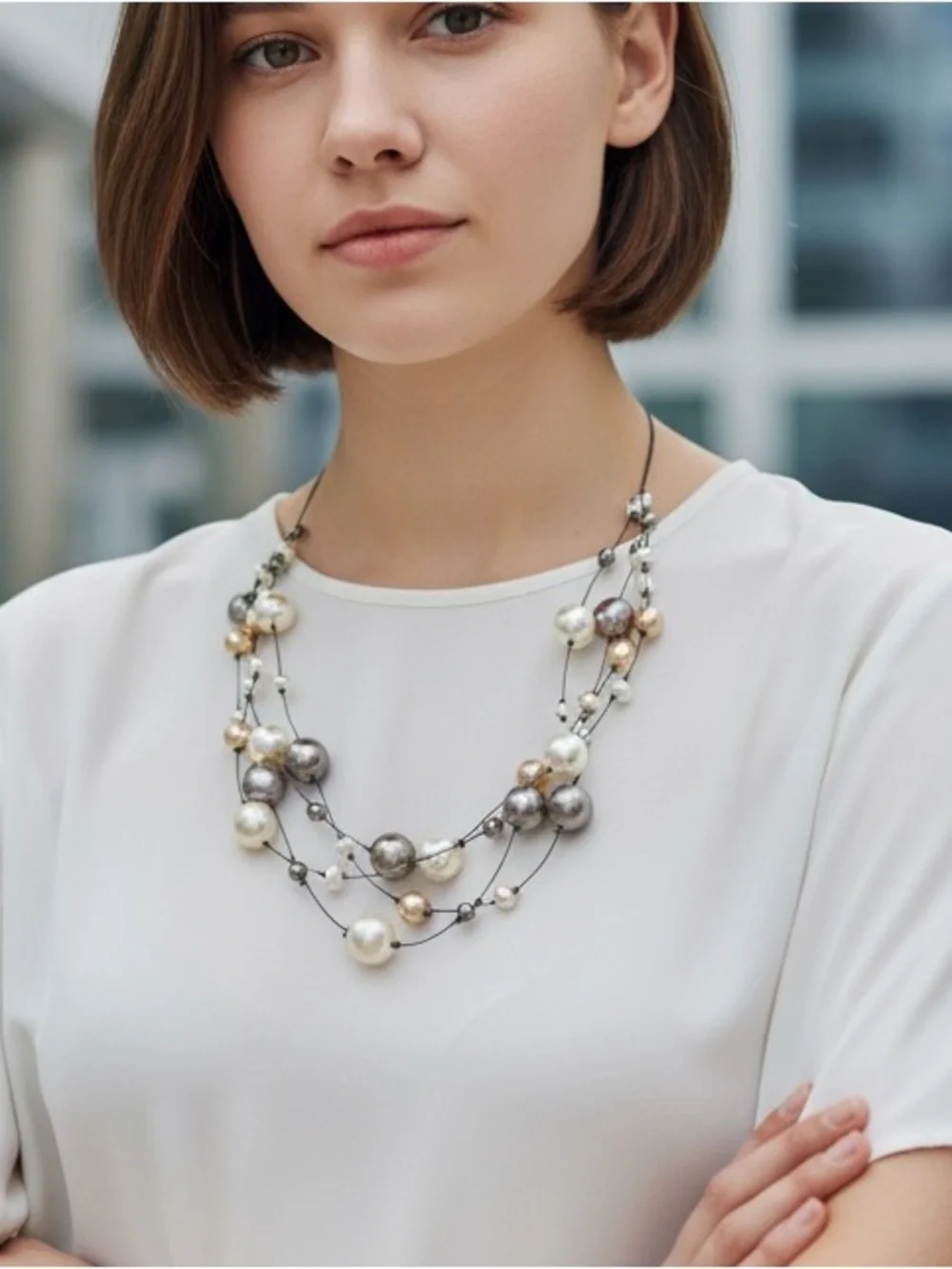 Chico’s Multi-Strand Pearl Bead Necklace in Ivory and Taupe